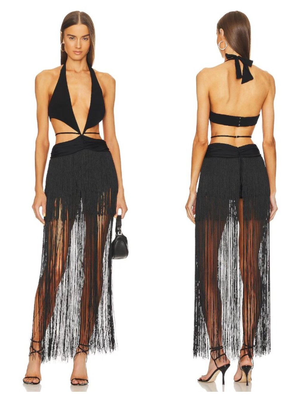 NWT Michael Costello x Revolve Silva Black Fringe Tassel Cut Out Midi Dress